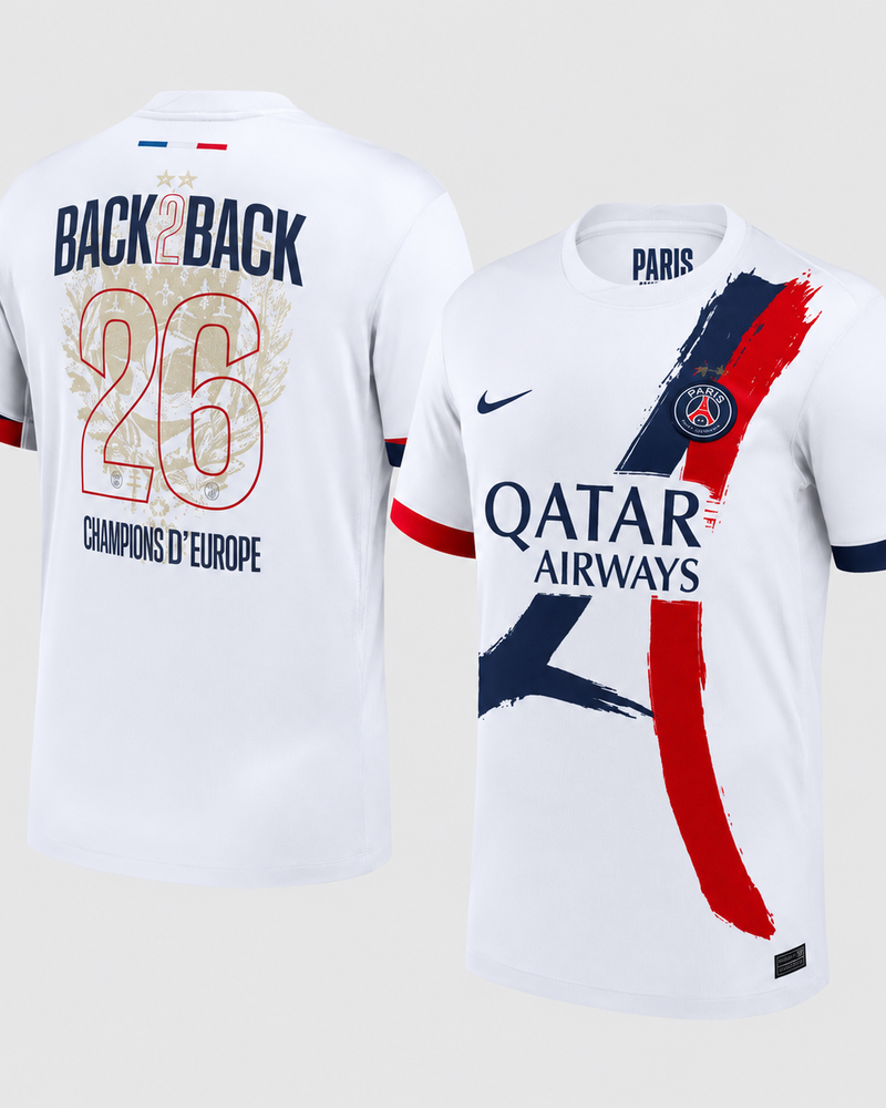 Paris – Maillot Extérieur "Back 2 Back" 25/26 - Blanc/Bleu