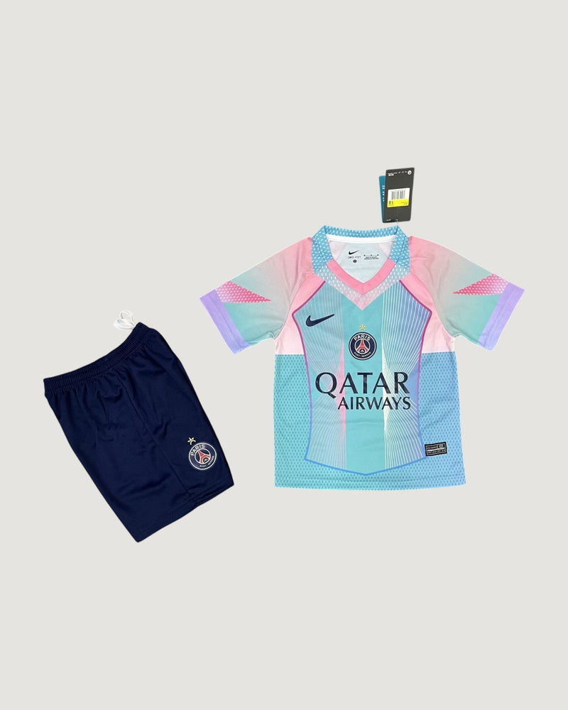 Paris Saint-Germain – Maillot Extérieur Enfant 25/26 – Multicolore & Bleu